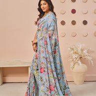 Blue floral printed georgette saree party wear
