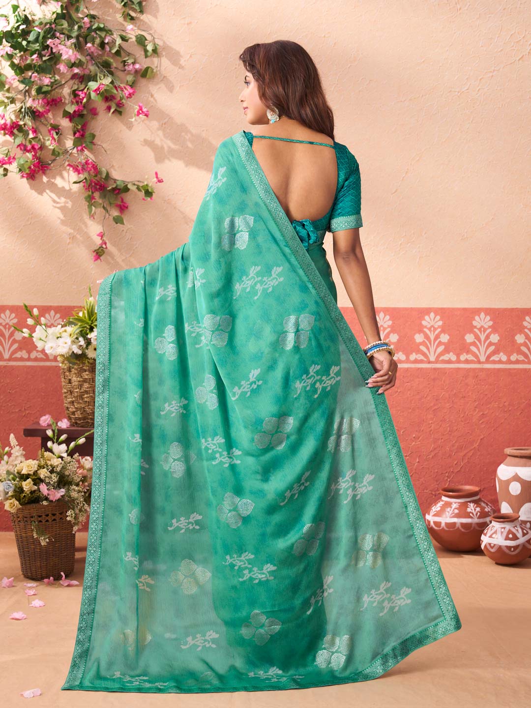 Blue floral printed silk blend saree party wear