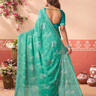 Blue floral printed silk blend saree party wear