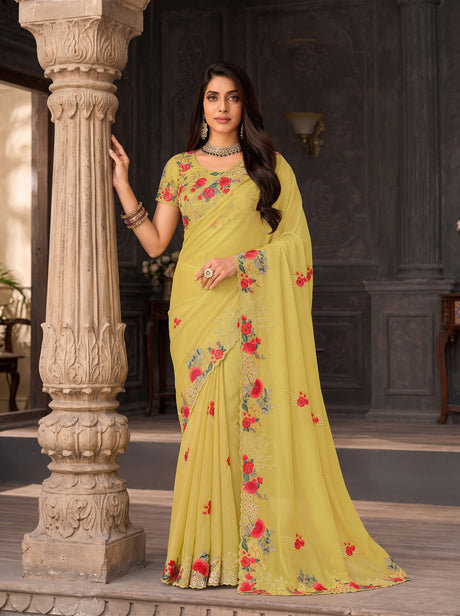 Yellow embroidered chiffon saree wedding wear