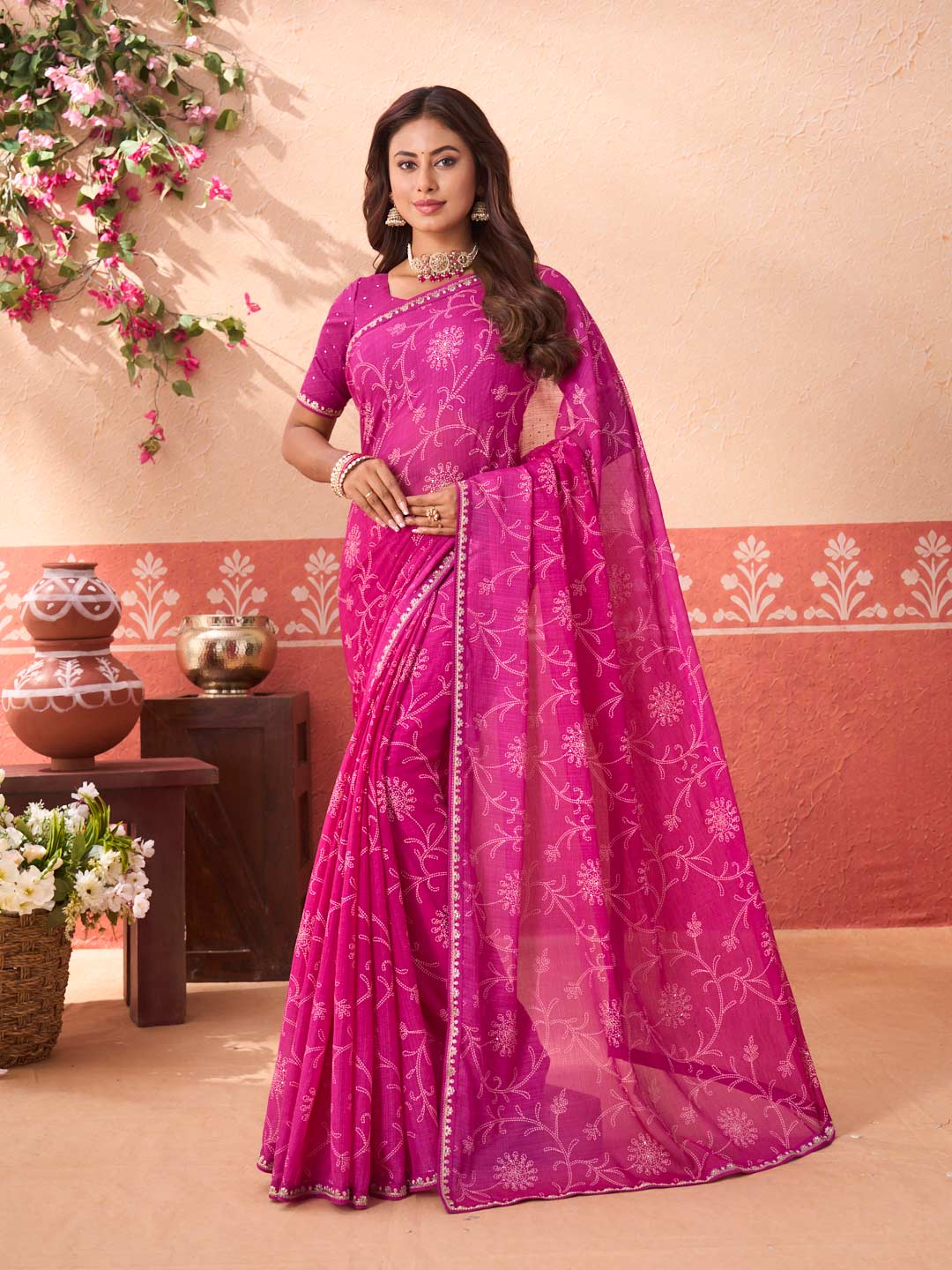Pink floral printed chiffon saree party wear