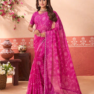 Pink floral printed chiffon saree party wear