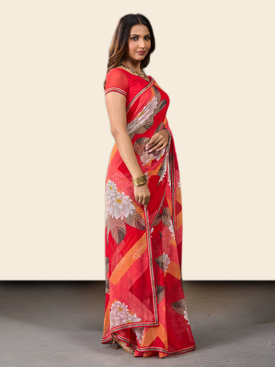 Laxmipati Rudramala Orange Georgette Floral Printed Saree