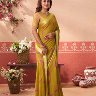 Olive Green printed chiffon saree casual wear