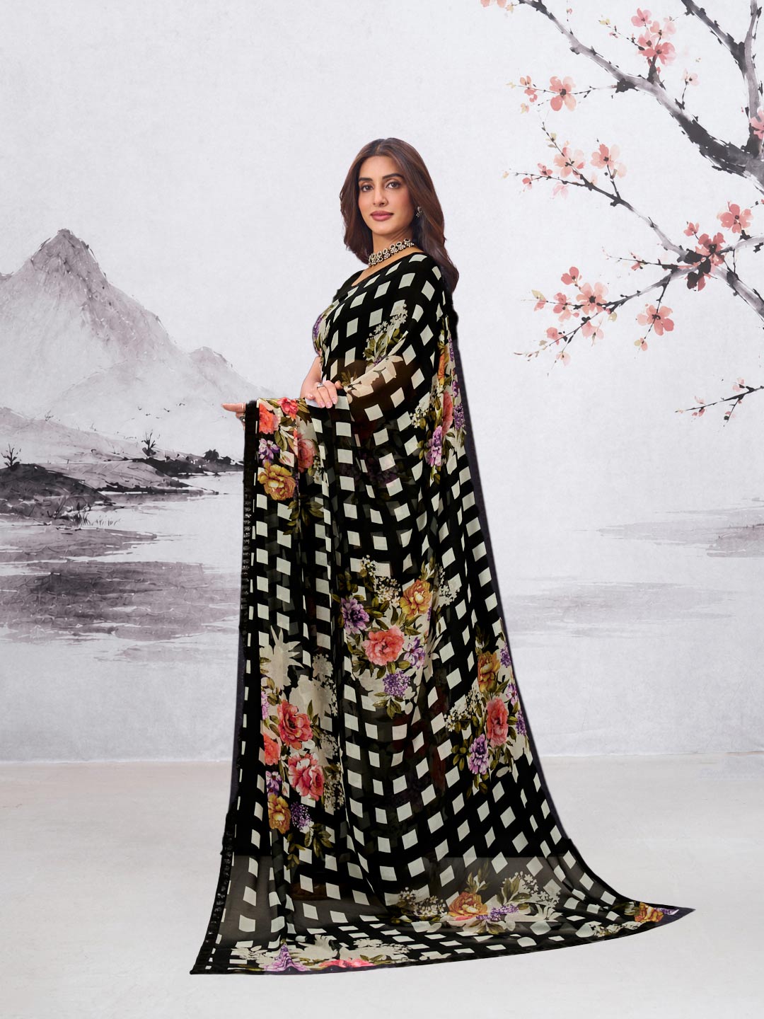 Black floral printed georgette saree daily wear