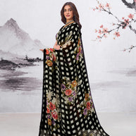Black floral printed georgette saree daily wear