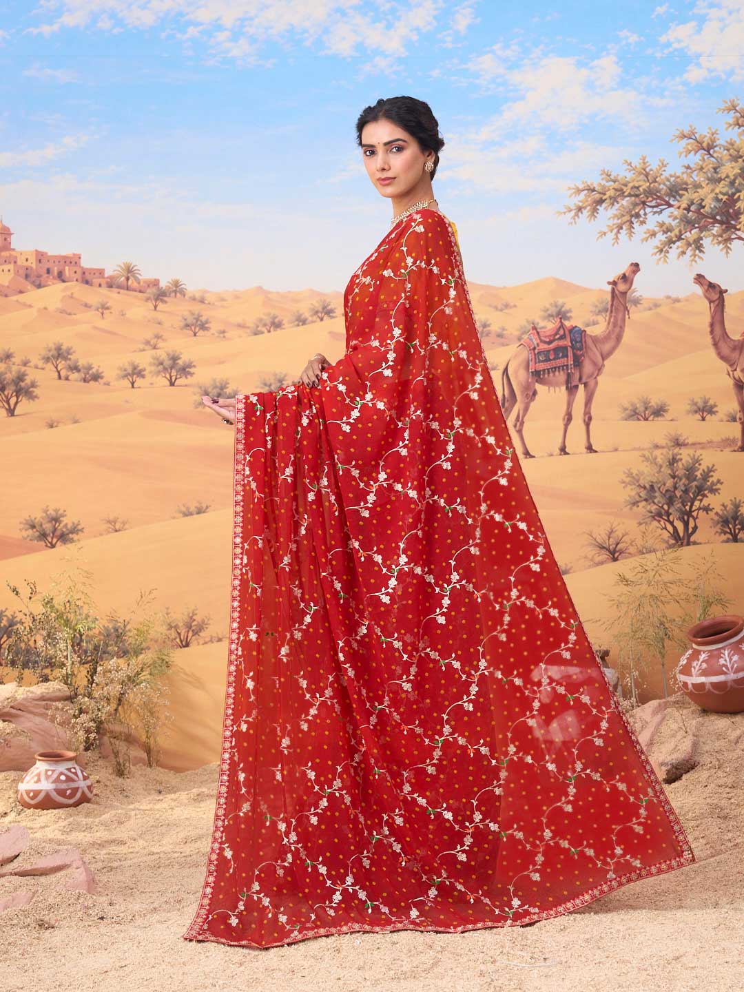 Red bandhani printed georgette saree daily wear