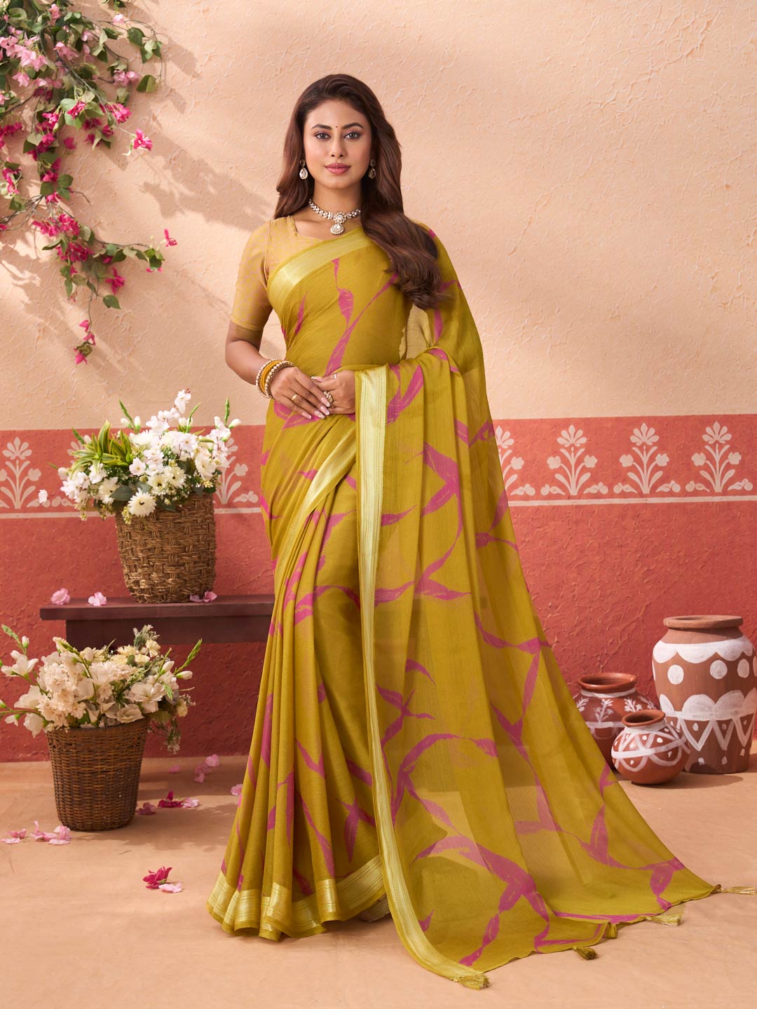 Olive Green printed chiffon saree party wear