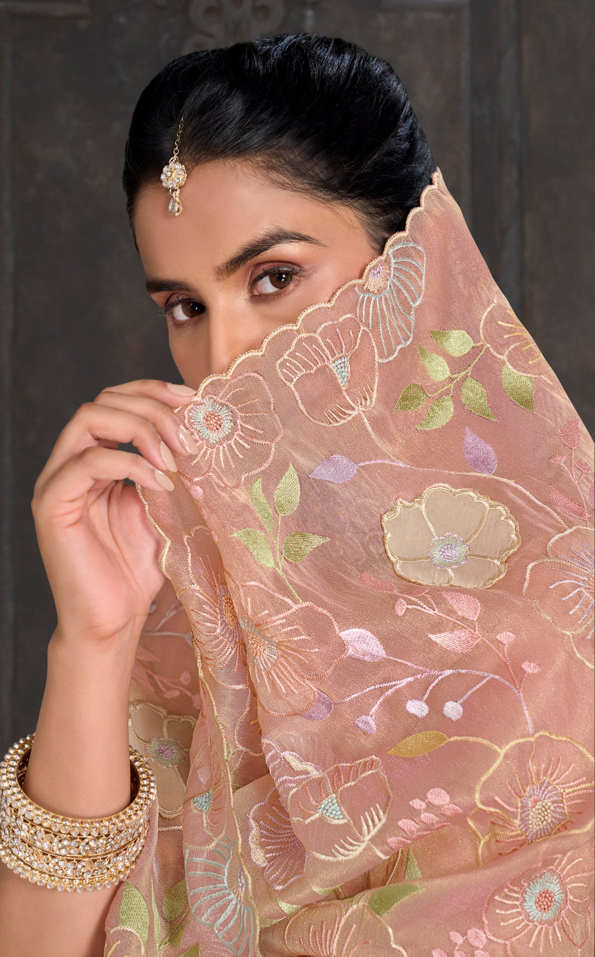 Pink embroidered tissue organza saree wedding wear