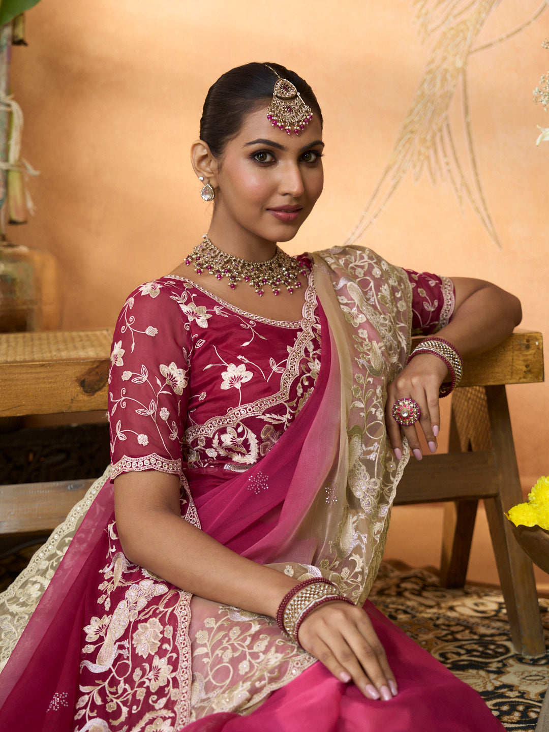 purple embroidered tissue organza saree casual wear