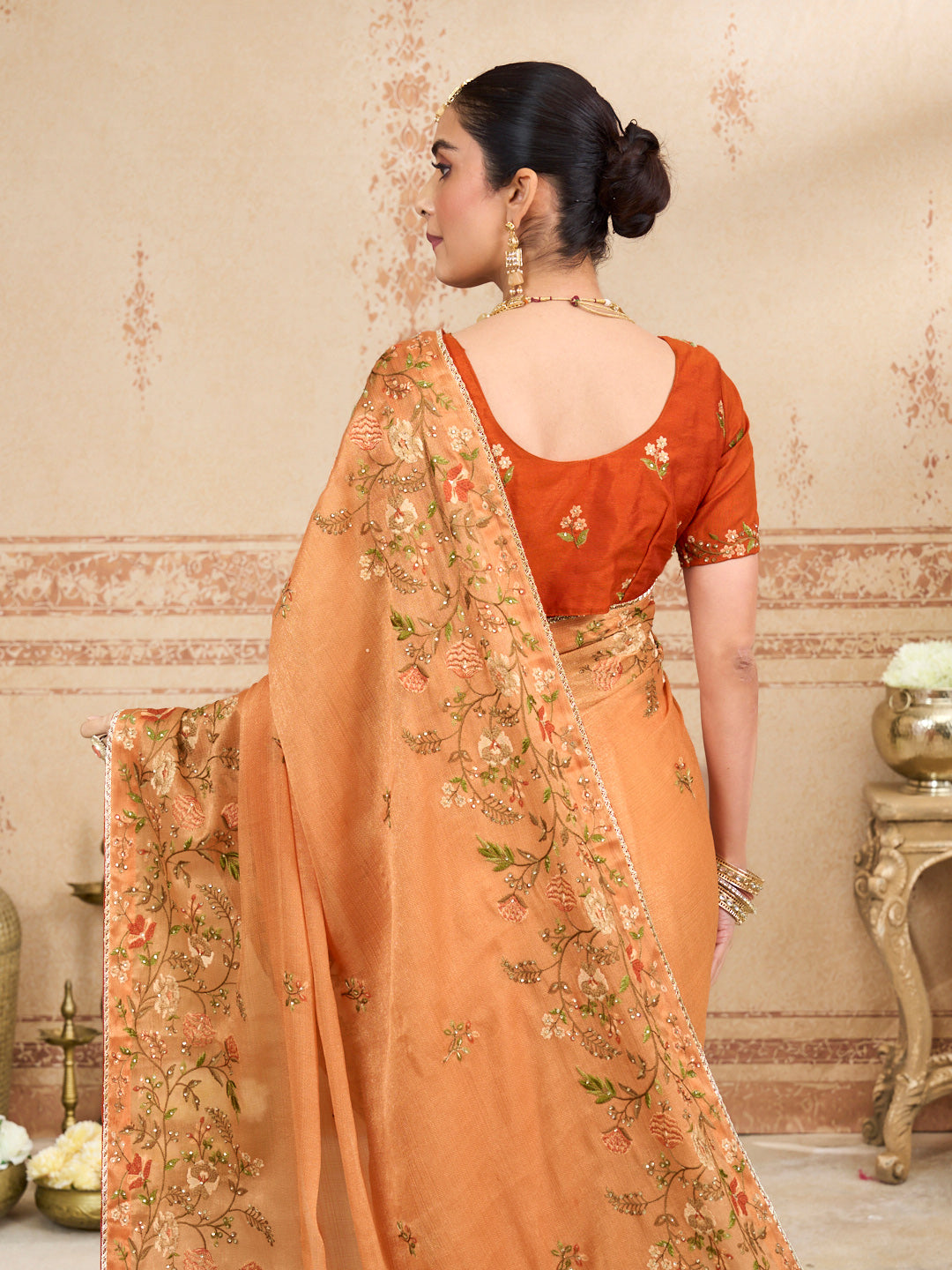 Orange floral embroidered silk blend saree daily wear