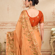 Orange floral embroidered silk blend saree daily wear