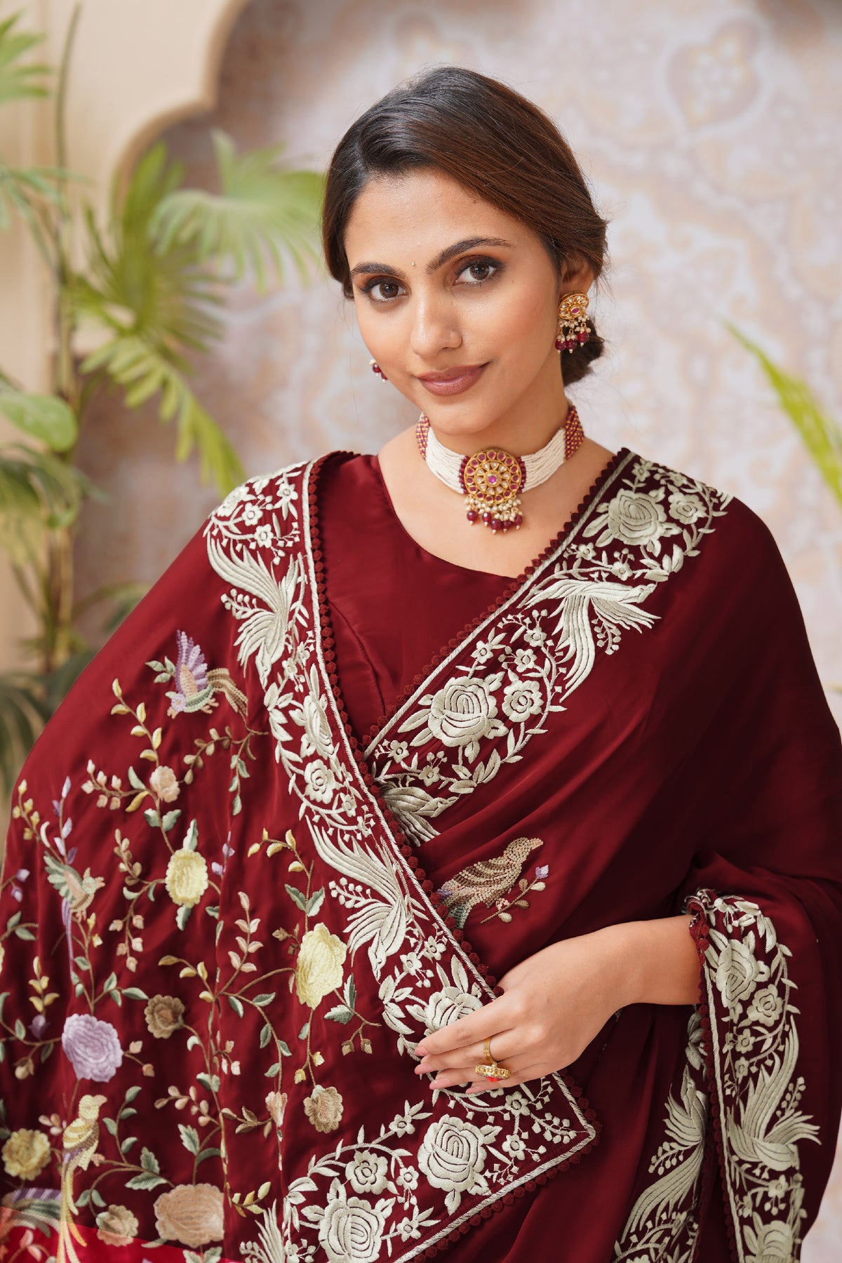 Maroon embroidered chiffon saree daily wear