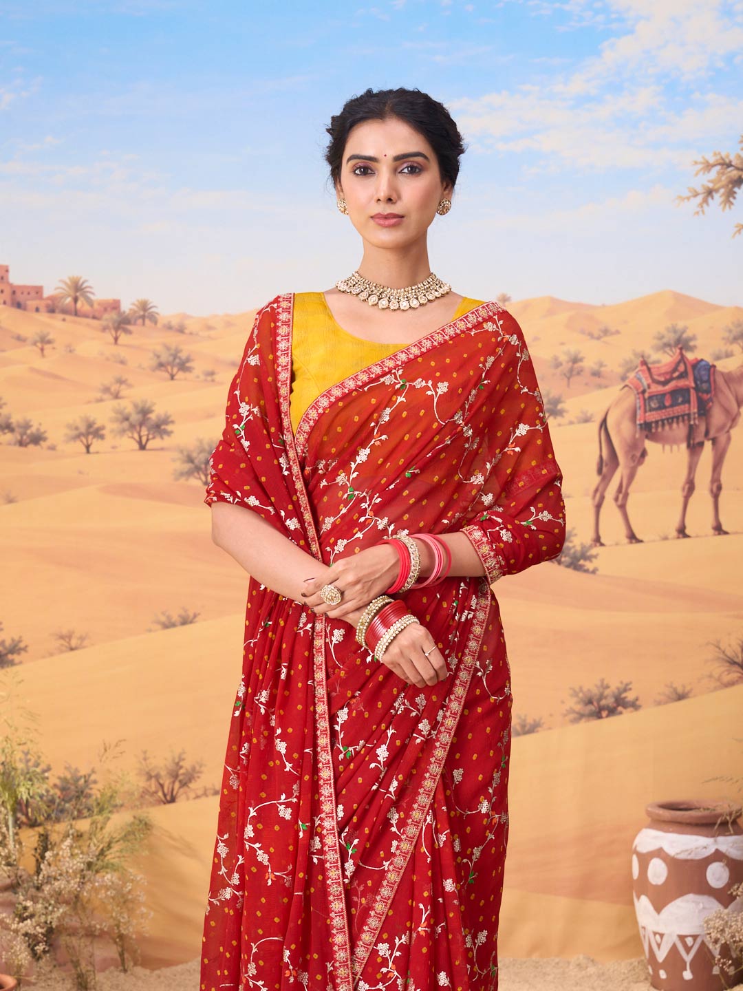 Red bandhani printed georgette saree wedding wear