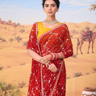Red bandhani printed georgette saree wedding wear