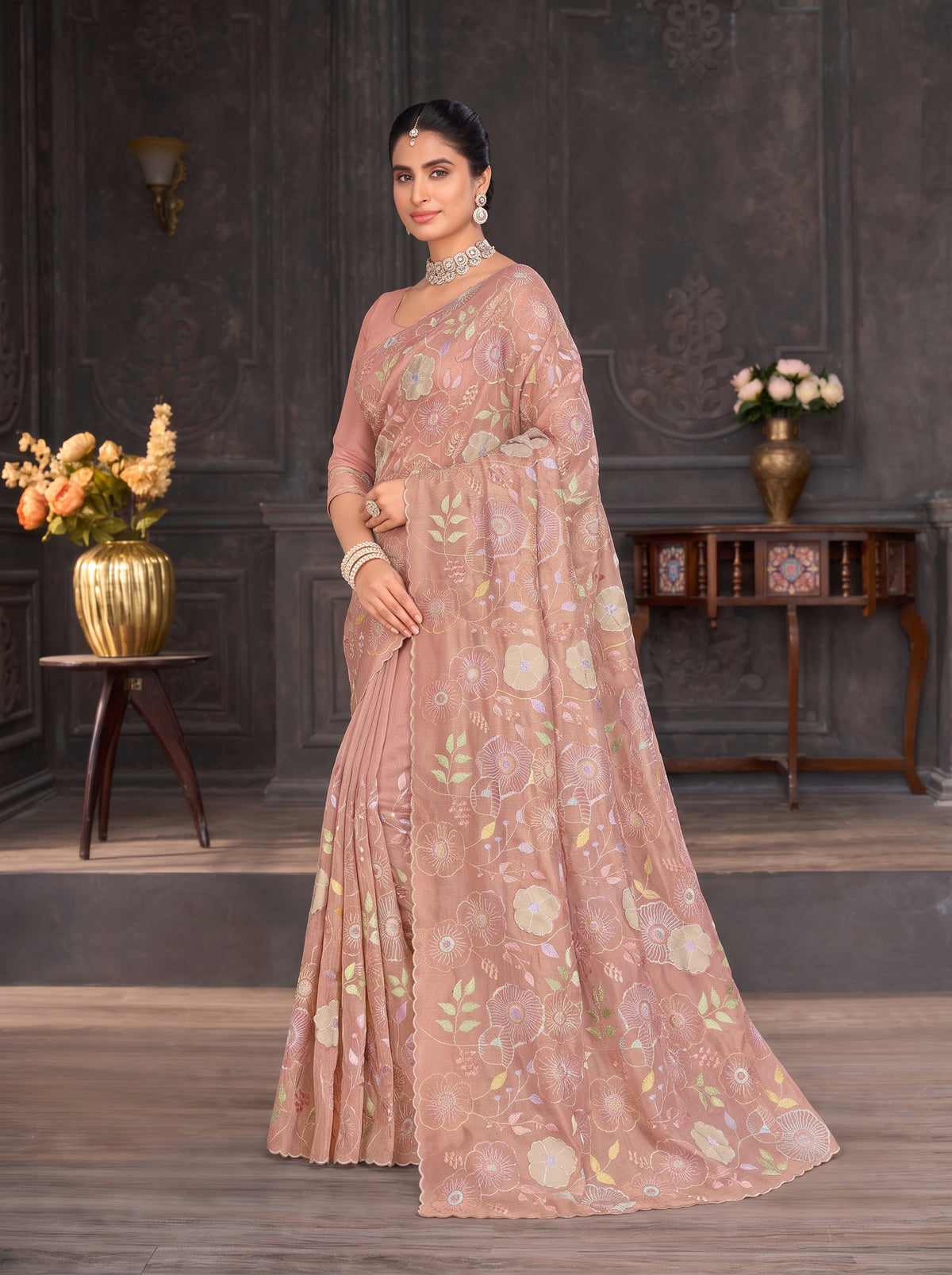 Pink embroidered tissue organza saree bridal wear