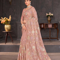 Pink embroidered tissue organza saree bridal wear