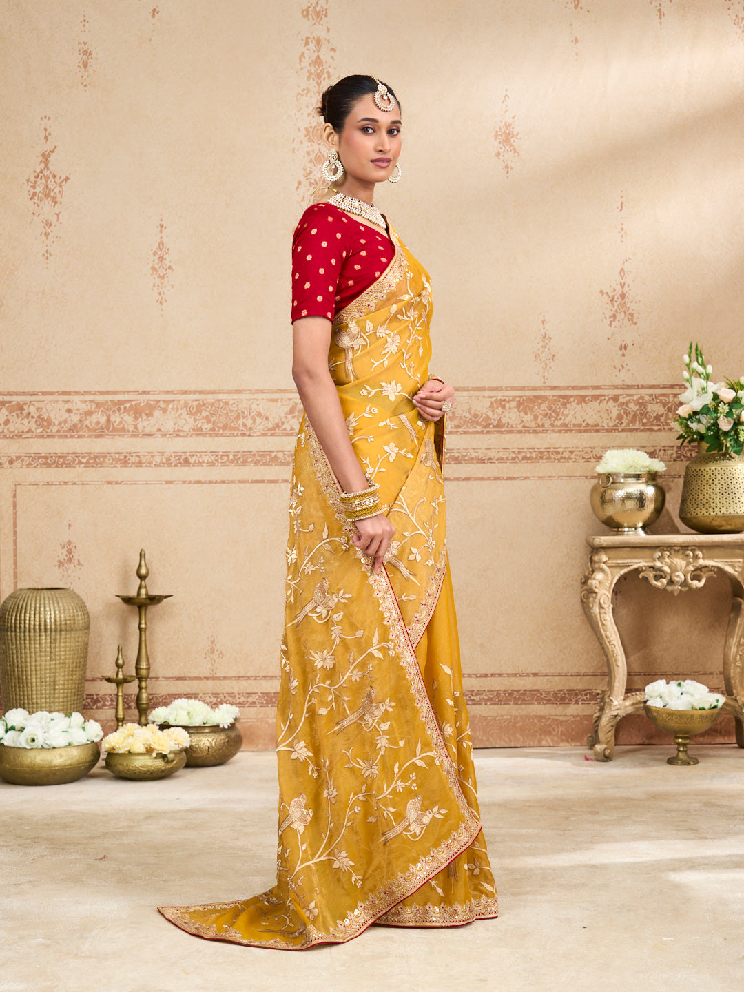 Mustard embroidered tissue organza saree casual wear