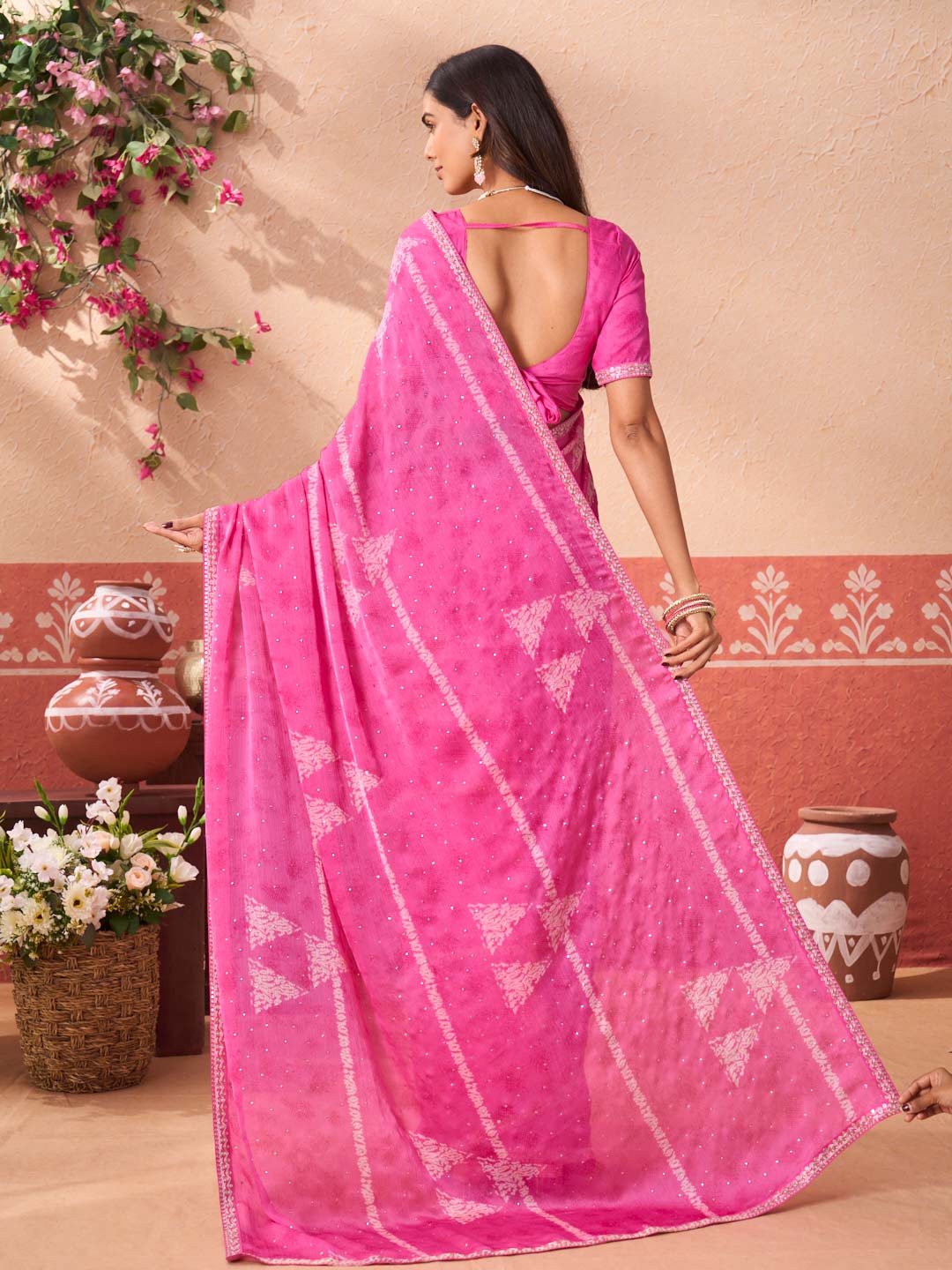 Pink printed silk blend saree party wear