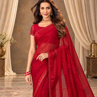 Red geometric printed georgette saree wedding wear
