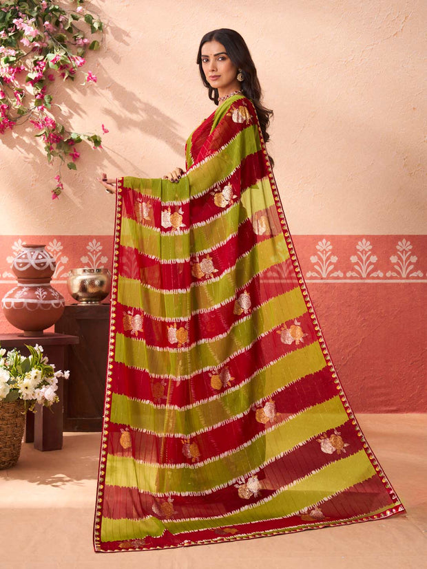 Green floral printed chiffon saree festive wear