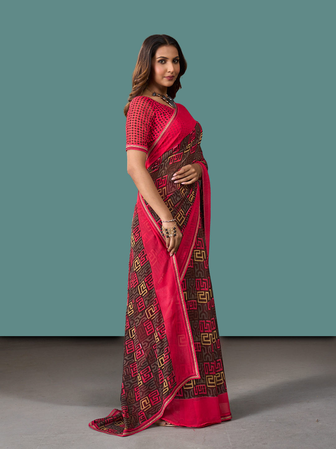 Laxmipati Rudramala Red Georgette Geometric Printed Saree