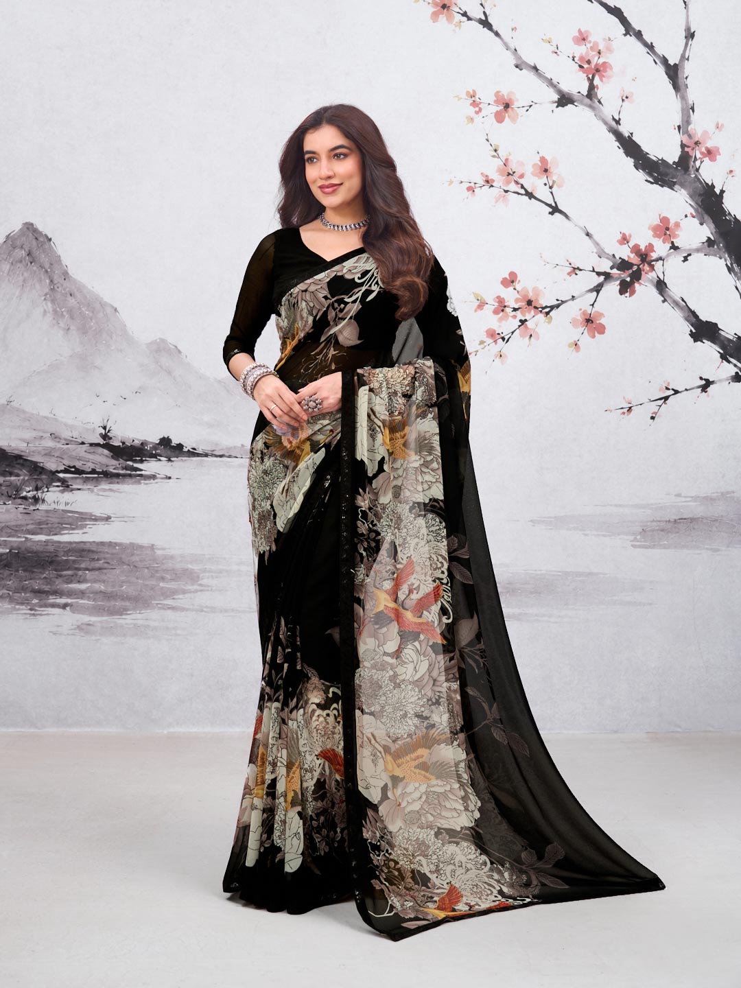 Black floral printed georgette saree party wear