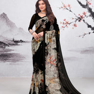 Black floral printed georgette saree party wear
