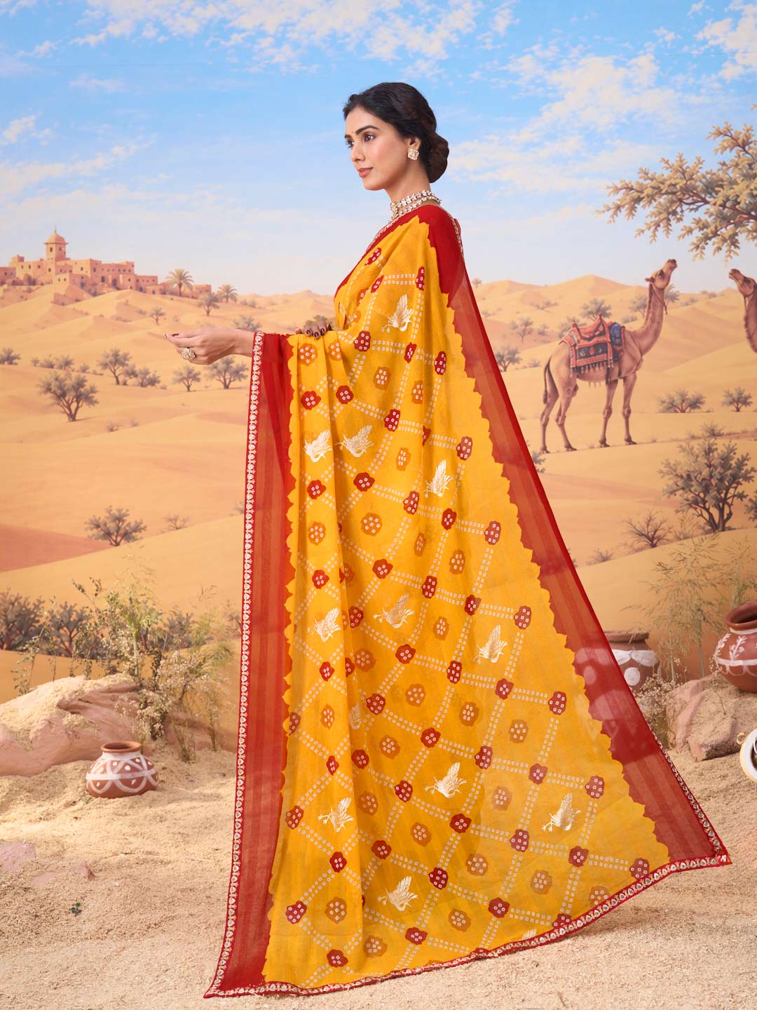 Orange bandhani printed georgette saree daily wear