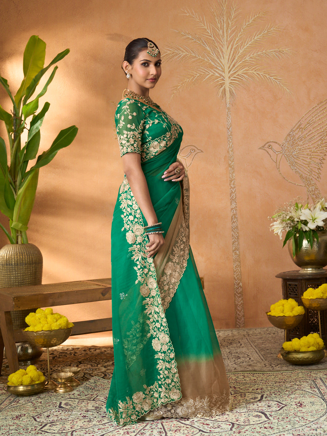 Green floral embroidered tissue organza saree casual wear
