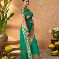Green floral embroidered tissue organza saree casual wear