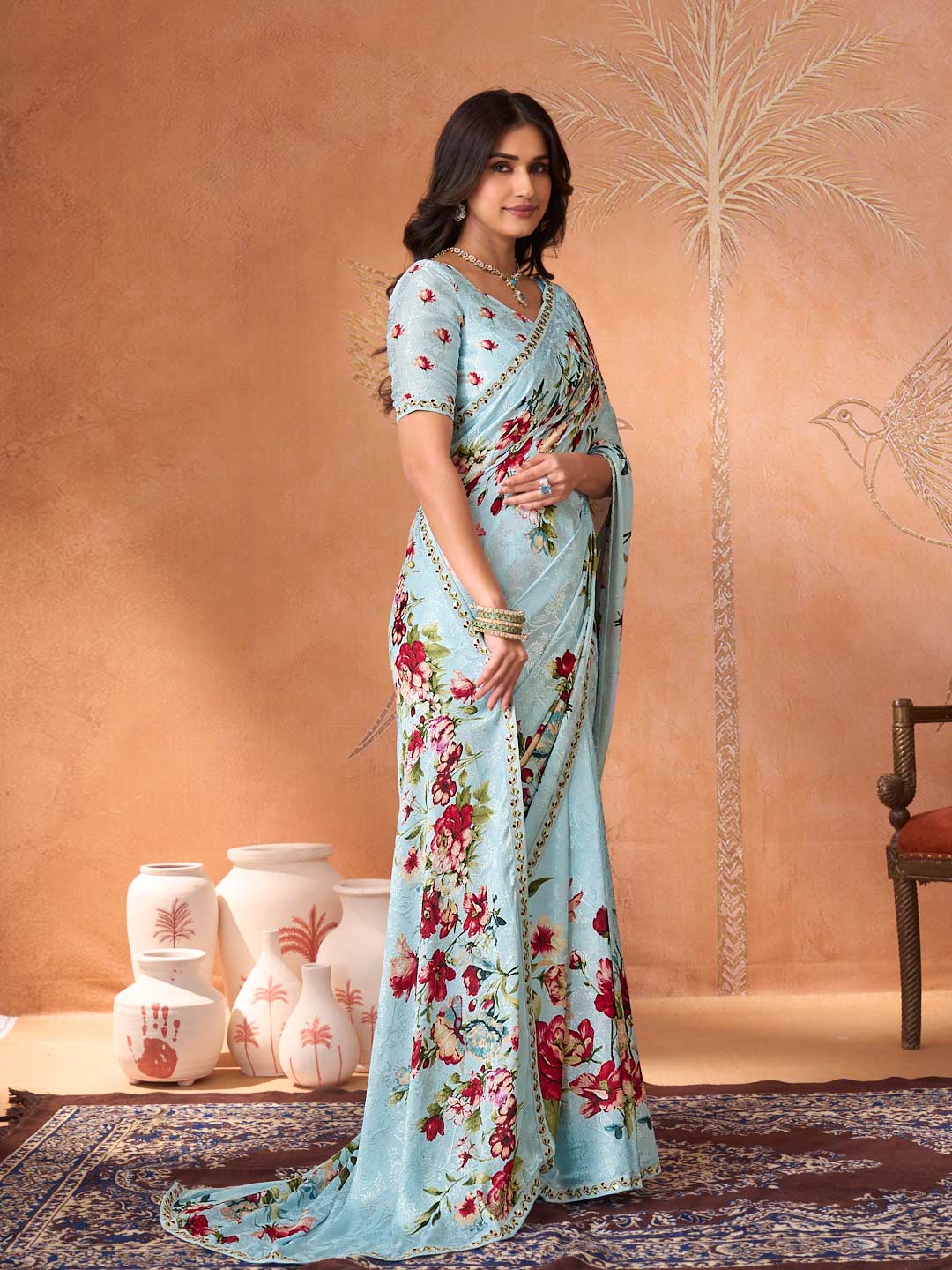 Blue embroidered silk blend saree casual wear