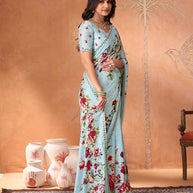 Blue embroidered silk blend saree casual wear