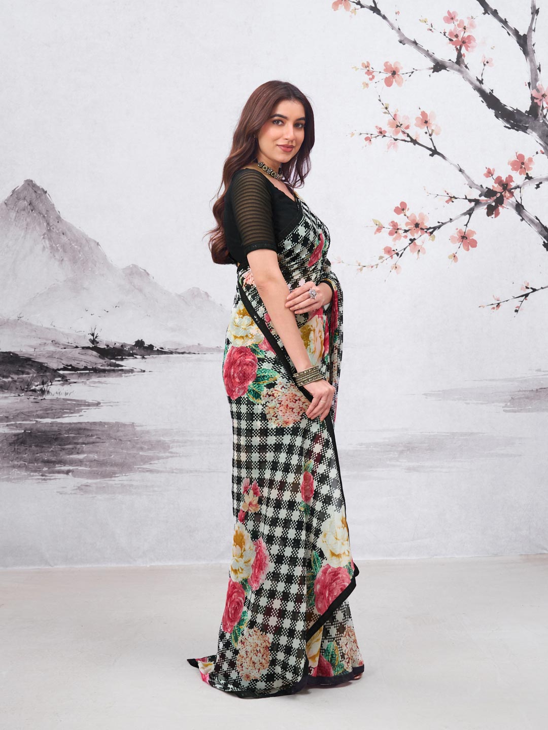 Black printed georgette saree casual wear
