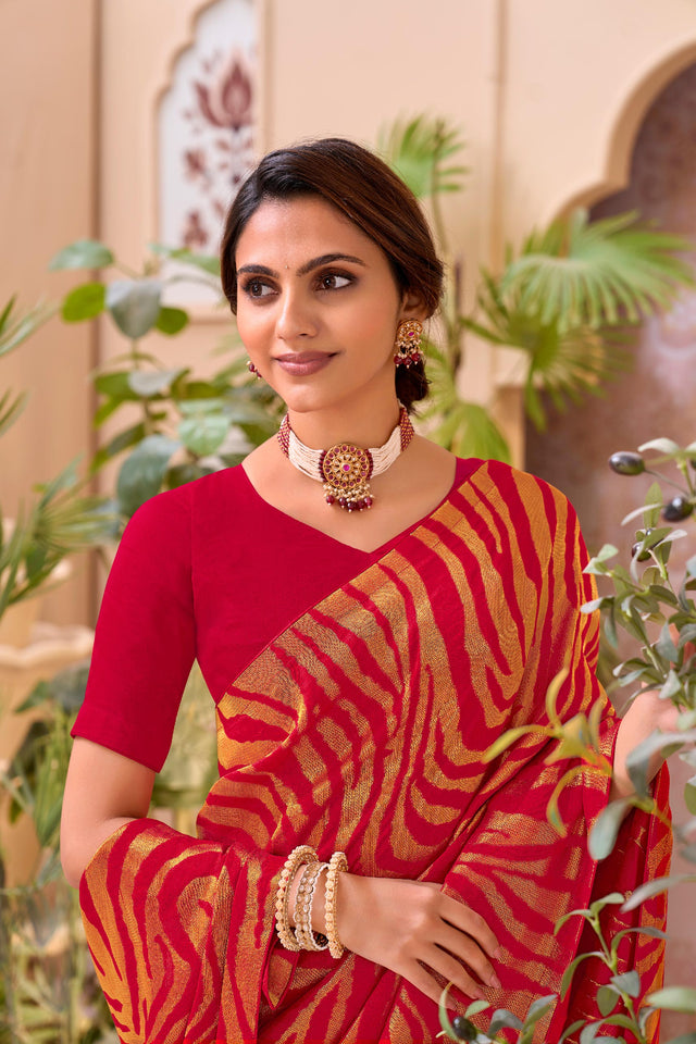 Red embroidered chiffon saree party wear