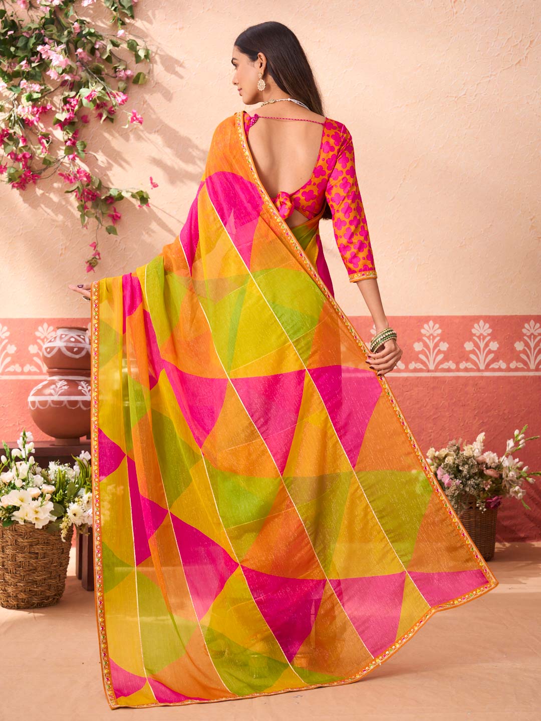 Multicolor printed chiffon saree party wear
