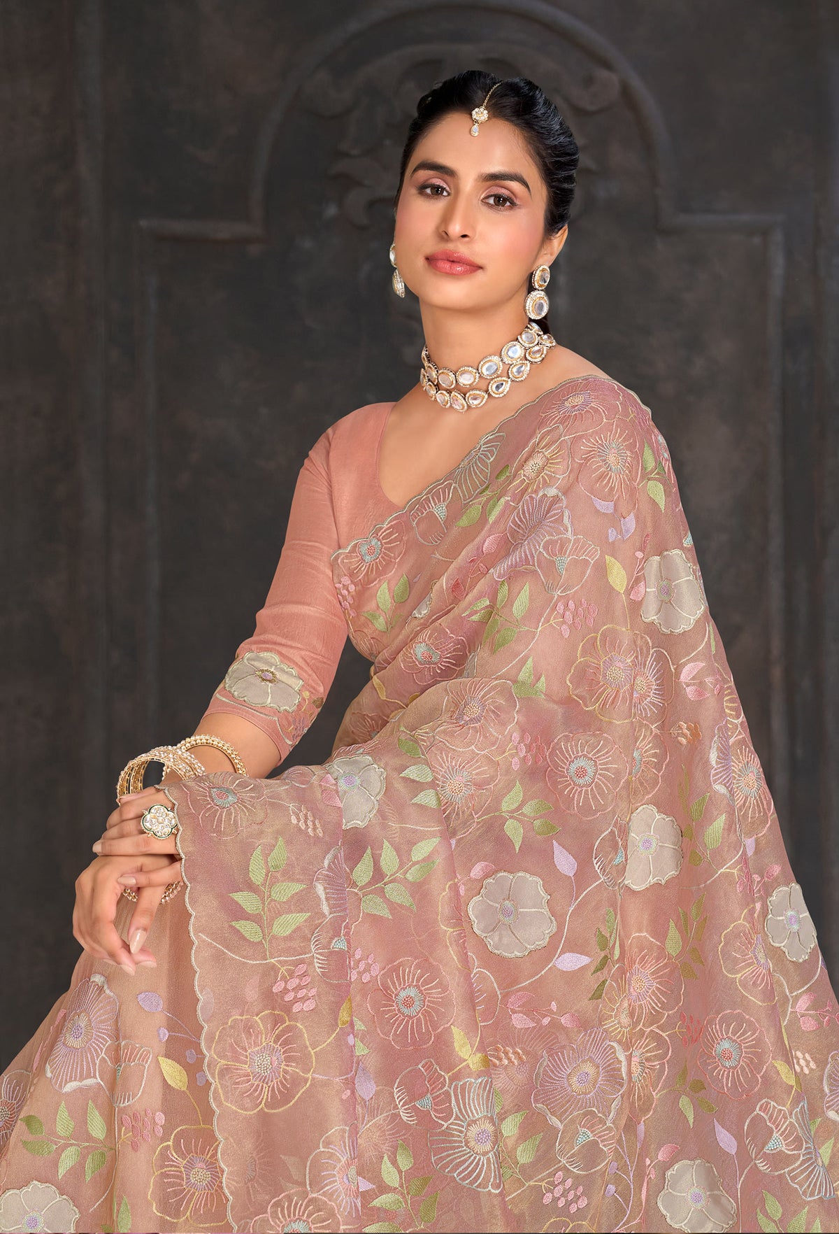 Pink embroidered tissue organza saree festive wear