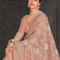 Pink embroidered tissue organza saree festive wear