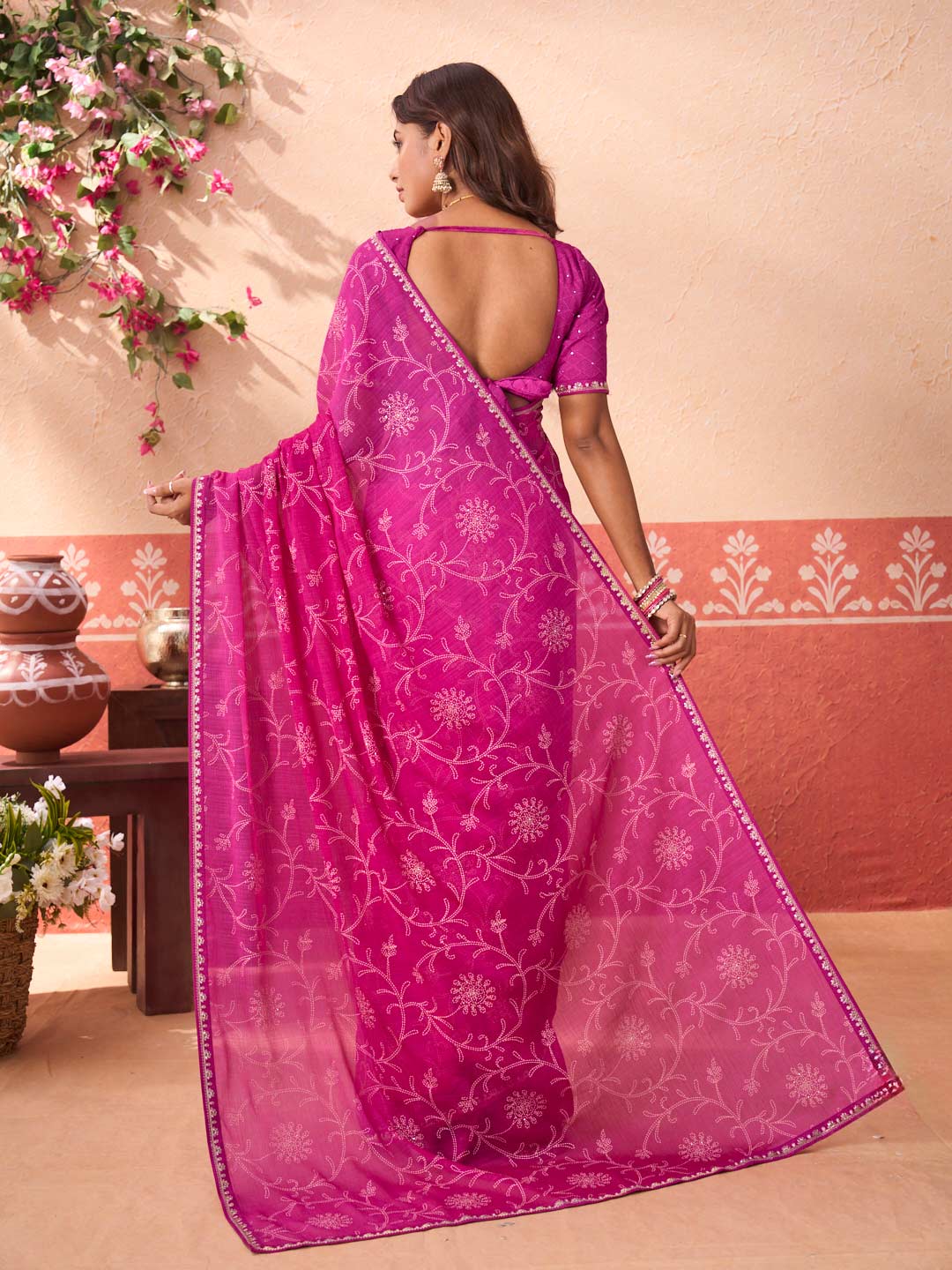 Pink floral printed chiffon saree festive wear
