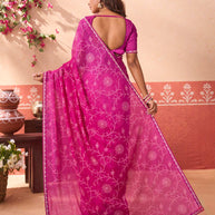 Pink floral printed chiffon saree festive wear