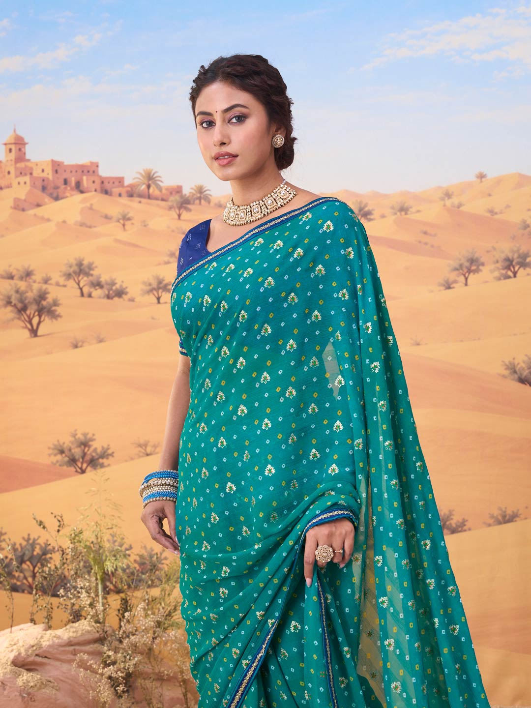Teal Blue bandhani printed georgette saree wedding wear