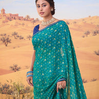 Teal Blue bandhani printed georgette saree wedding wear