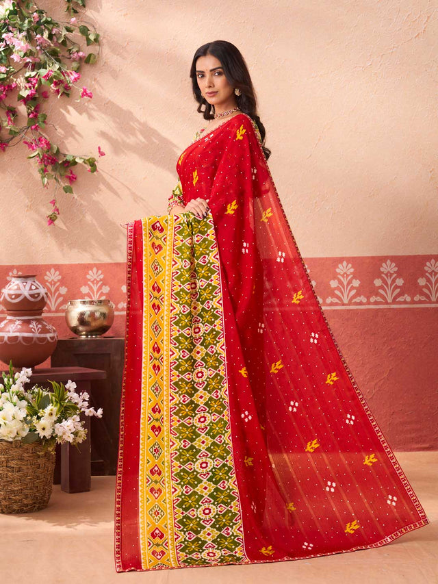 Red floral printed silk blend saree daily wear