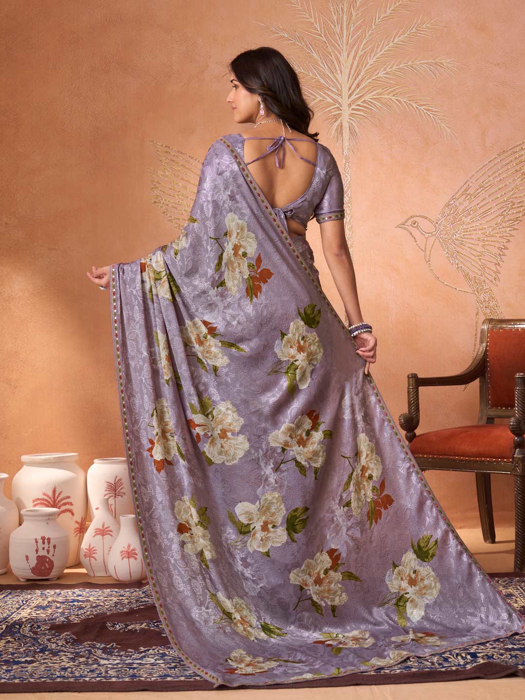 Purple embroidered silk blend saree festive wear
