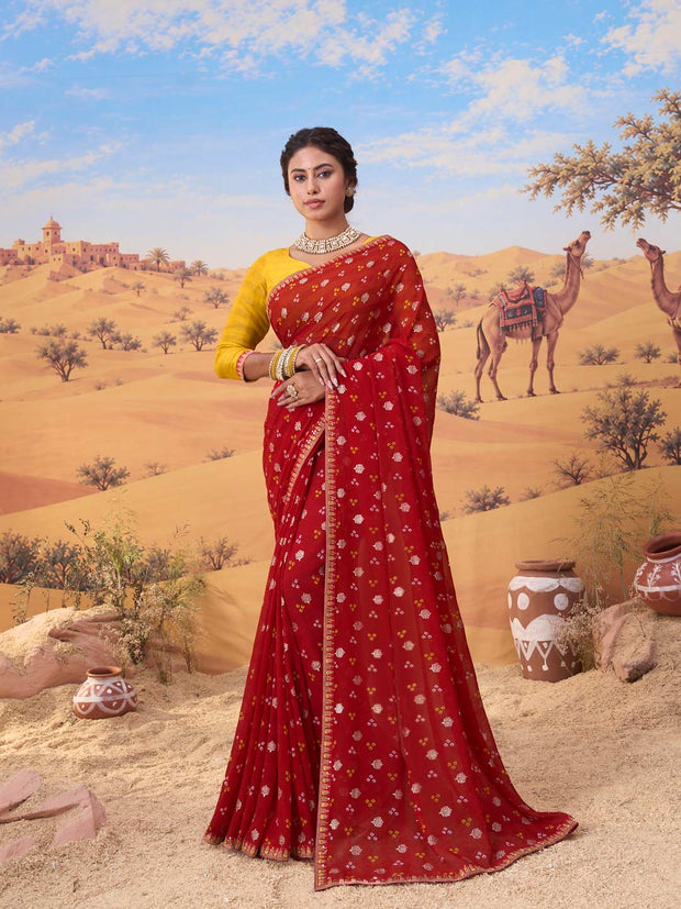 Red printed georgette saree festive wear