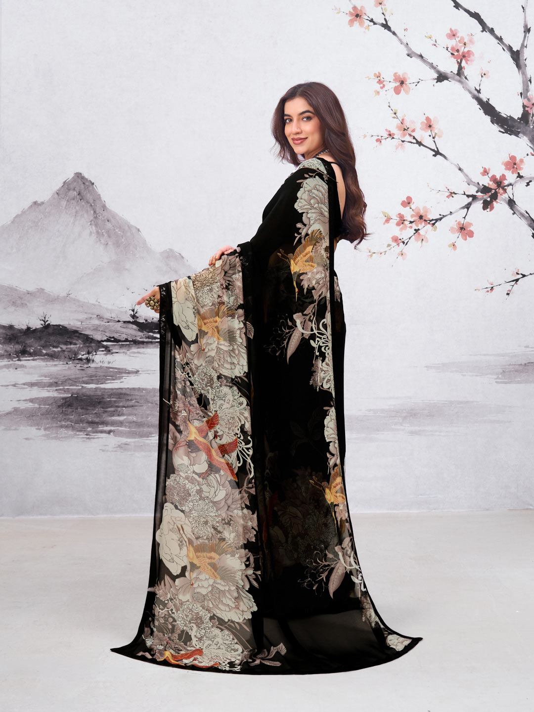 Black floral printed georgette saree daily wear