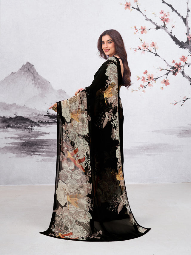 Black floral printed georgette saree daily wear