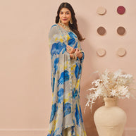 Grey floral printed georgette saree wedding wear
