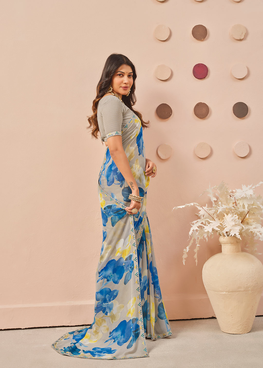 Grey floral printed georgette saree festive wear