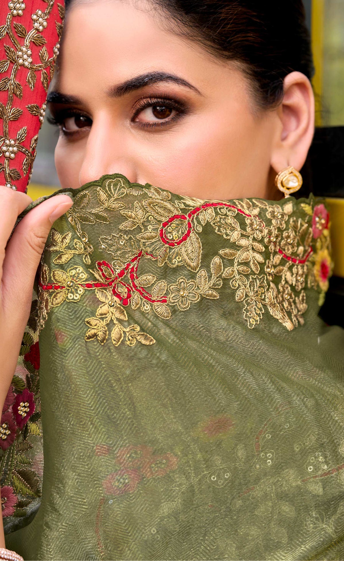 Green embroidered chiffon saree daily wear